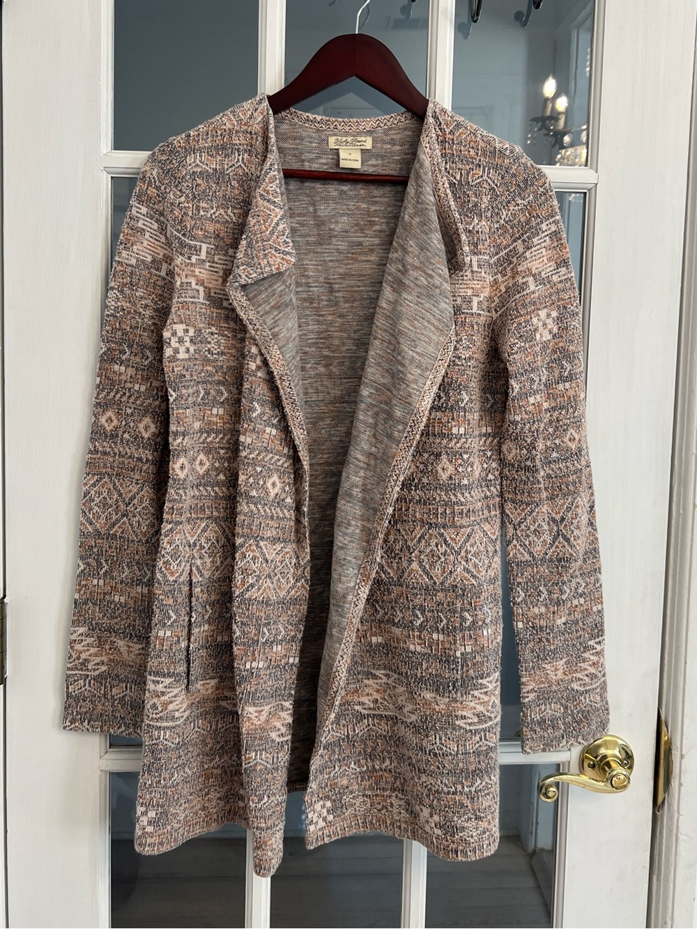 LUCKY BRAND Women's Cotton Linen Blend Aztec Print Open Front Cardigan Sweater